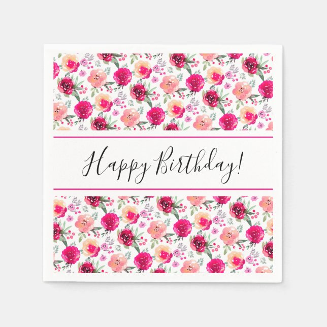 Servilleta De Papel Cerise Floral Cumpleaños Acuarela (Anverso)