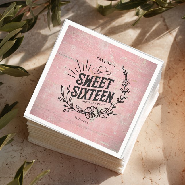 Servilleta De Papel Chacha lechera Rustica Floral Dulce Dieciséis Fies (Rustic pink cowgirl sweet sixteen napkins with floral western design and vintage wood texture.)