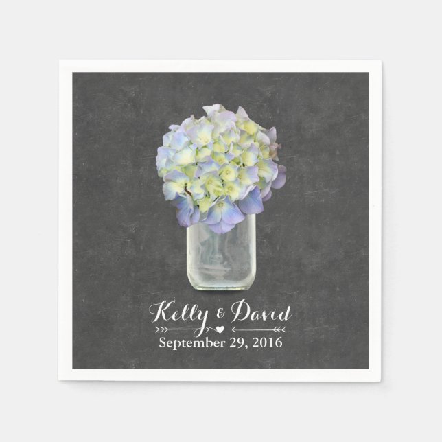 Servilleta De Papel Chalkboard Blue Hydrangea Mason Jar Boda (Anverso)