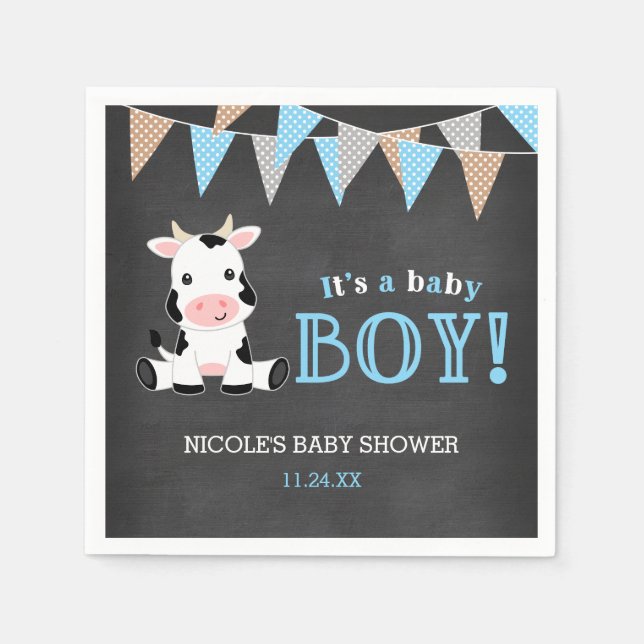Servilleta De Papel Chalkboard Cow Boy Baby Shower (Anverso)