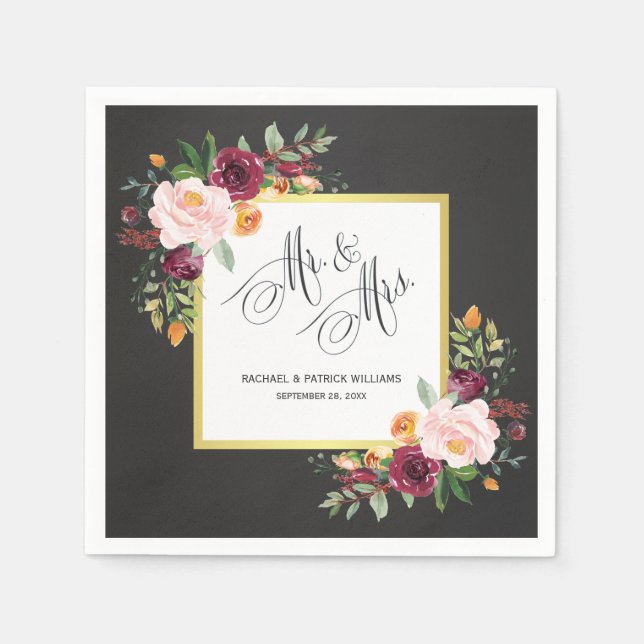 Servilleta De Papel Chalkboard Floral Boda Sr. y Sra. (Anverso)
