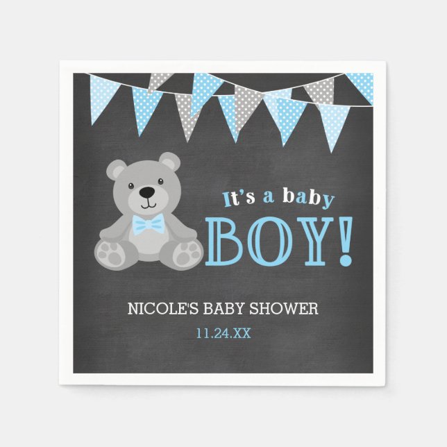 Servilleta De Papel Chalkboard Gray Teddy Bear Boy Baby Shower (Anverso)