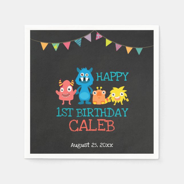Servilleta De Papel Chalkboard lindo Monsters First Birday Boys Fiesta (Anverso)