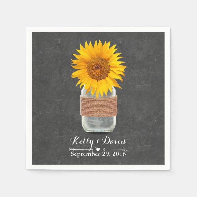 Servilleta De Papel Chalkboard Sunflower & Mason Jar Rustic Boda (Anverso)