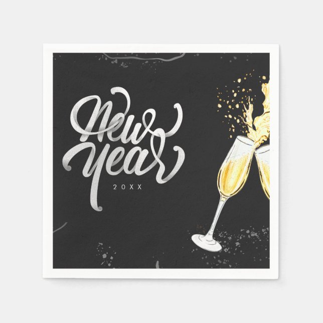 Servilleta De Papel Champagne Gold Black Wine Glass Confetti Moderno (Anverso)