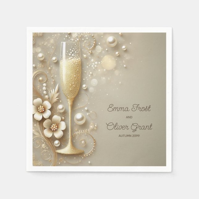 Servilleta De Papel Champagne y Perlas Brindis de Boda Elegante (Anverso)
