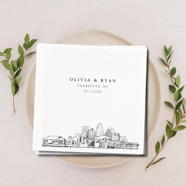 Servilleta De Papel Charlotte Boda Paper Cocktail Napkin (Charlotte North Carolina Wedding Skyline Napkins Classy Black and White)