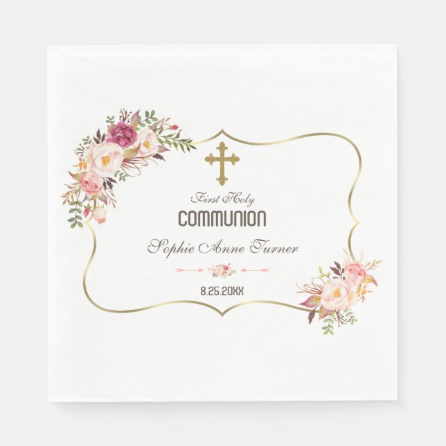 Servilleta De Papel Charm Gold Rubor Pink Floral Holy Communición (Anverso)