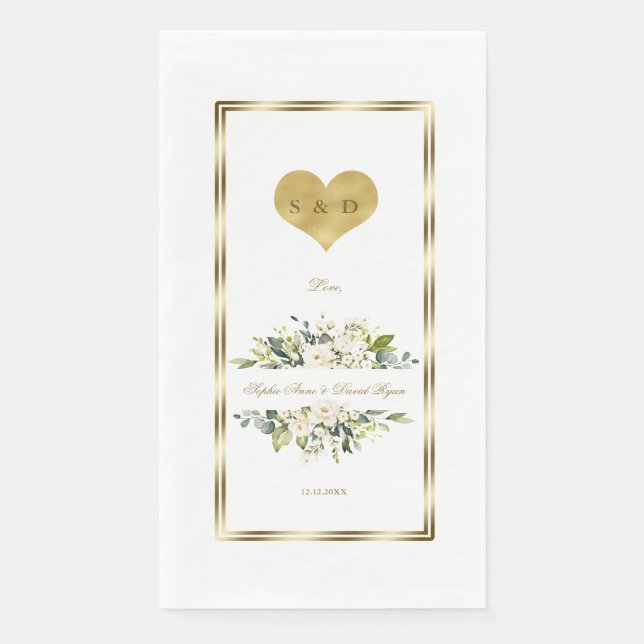Servilleta De Papel Charm White Flowers Gold Monograma Boda (Anverso)
