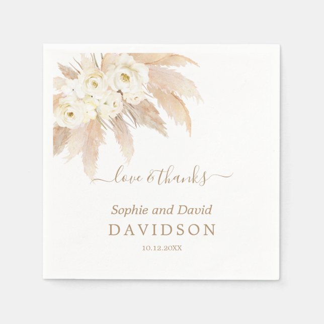 Servilleta De Papel Charm White Roses Pampas Grass Boda (Anverso)