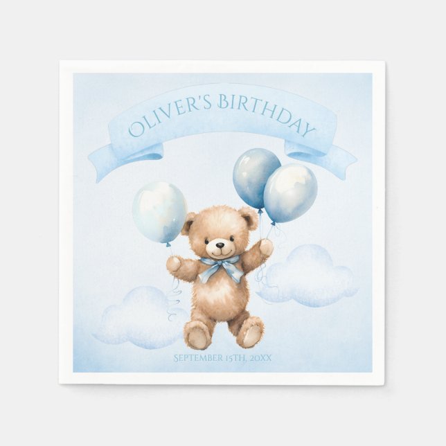 Servilleta De Papel Charming Watercolor Teddy Bear First Birthday (Anverso)