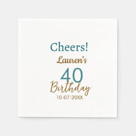 Servilleta De Papel Cheers 40th birthday name date brown turquoise sim