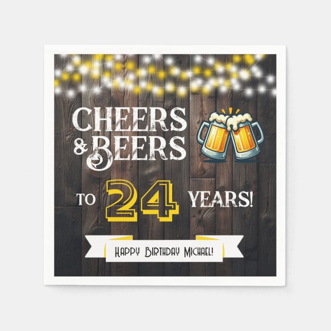 Servilleta De Papel Cheers and Beers to 24 Years Rustic Birthday (Anverso)