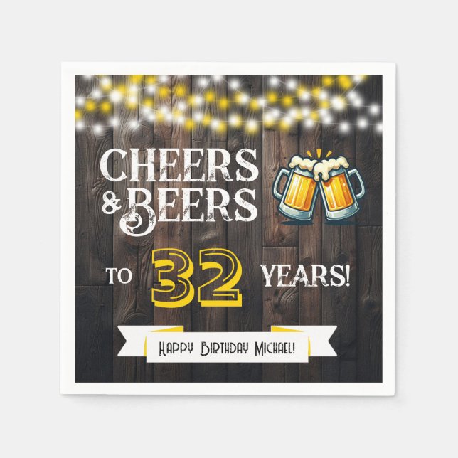 Servilleta De Papel Cheers and Beers to 32 Years Rustic Birthday Party (Anverso)