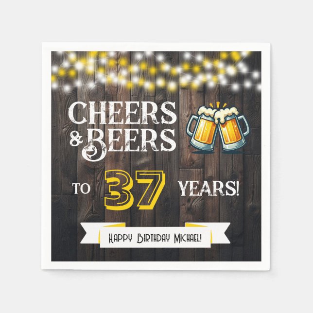 Servilleta De Papel Cheers and Beers to 37 Years Rustic Birthday Party (Anverso)