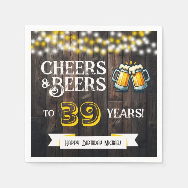 Servilleta De Papel Cheers and Beers to 39 Years Rustic Birthday Party (Anverso)