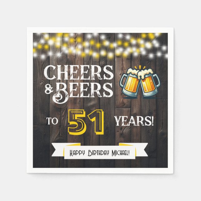 Servilleta De Papel Cheers and Beers to 51 Years Rustic Birthday Party (Anverso)