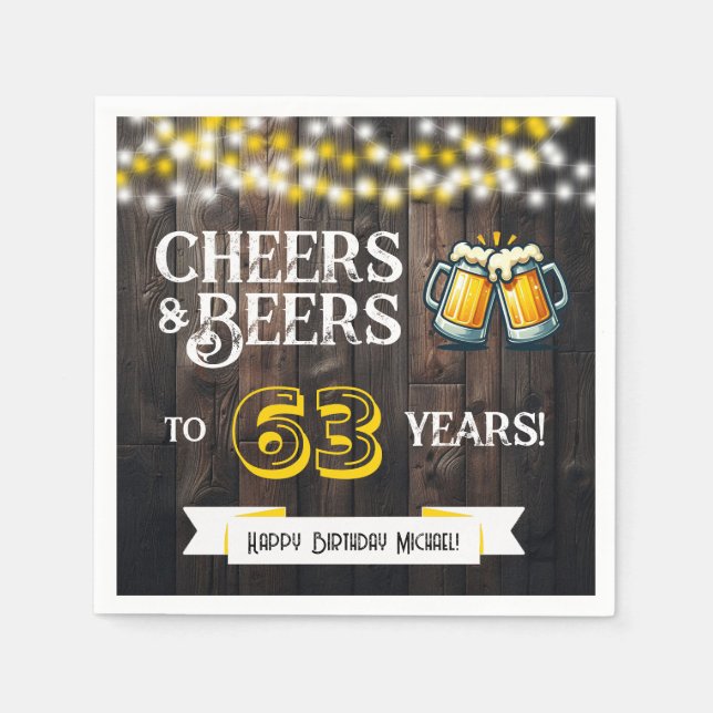 Servilleta De Papel Cheers and Beers to 63 Years Rustic Birthday Party (Anverso)