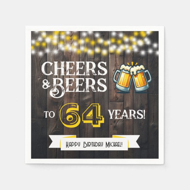 Servilleta De Papel Cheers and Beers to 64 Years Rustic Birthday Party (Anverso)