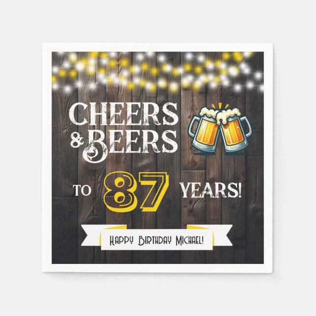 Servilleta De Papel Cheers and Beers to 87 Years Rustic Birthday Party (Anverso)