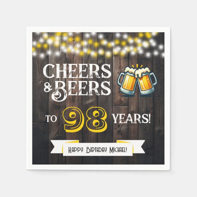 Servilleta De Papel Cheers and Beers to 98 Years Rustic Birthday Party (Anverso)