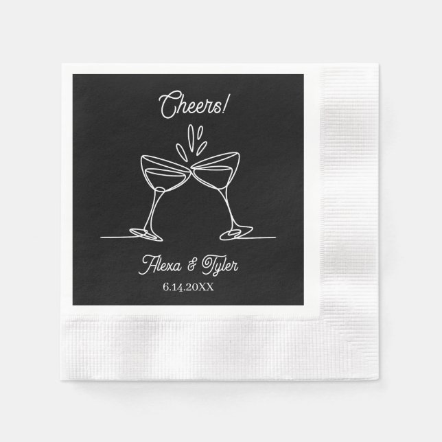Servilleta De Papel Cheers | Cocktail Line Art Black and White Wedding (Anverso)