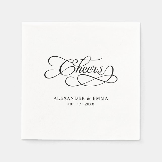 Servilleta De Papel Cheers Elegant Wedding Black & White Calligraphy (Anverso)