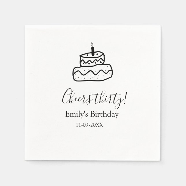 Servilleta De Papel Cheers thirty birthday cake black scribble hand (Anverso)