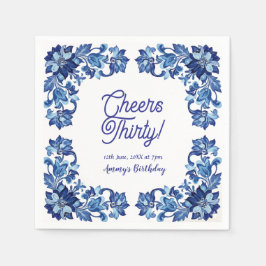 Servilleta De Papel Cheers thirty birthday royal blue floral border na