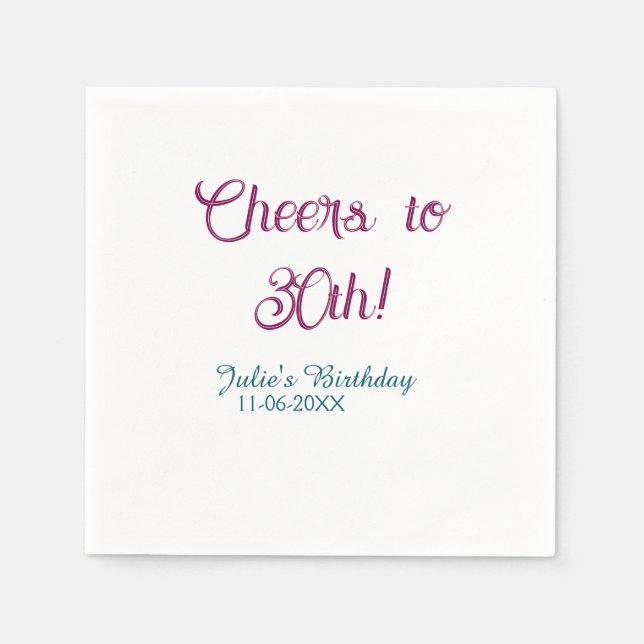 Servilleta De Papel Cheers to 30th birthday name date mauve blue elega (Anverso)