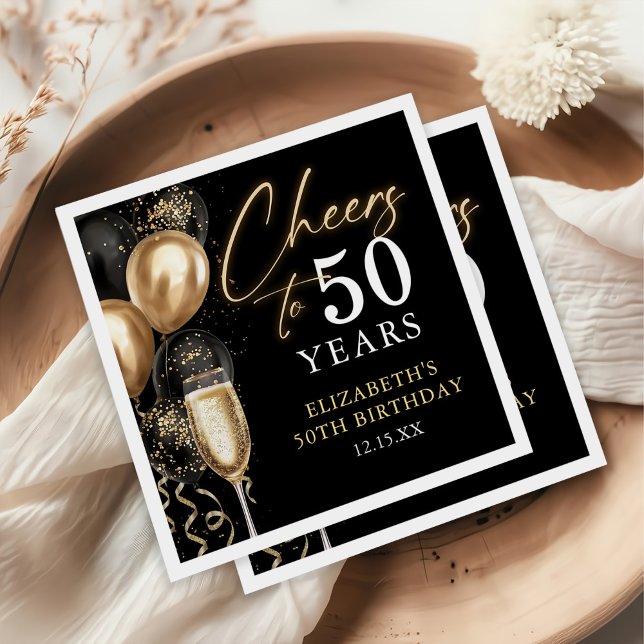 Servilleta De Papel Cheers To 50 Years Black and Gold Balloons (Subido por el creador)