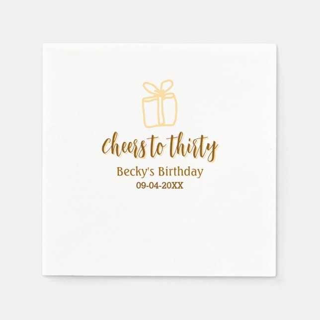 Servilleta De Papel Cheers to thirty yellow brown birthday pastel gift (Anverso)