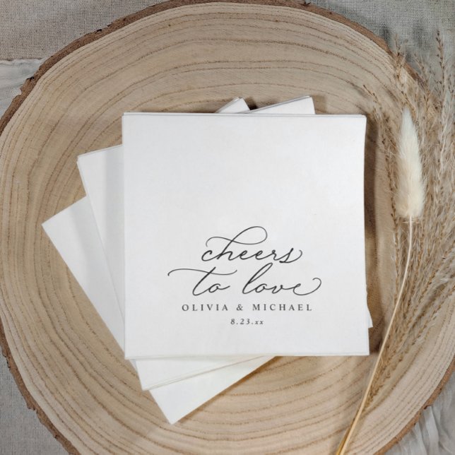 Servilleta De Papel Cheers Wedding Napkins Elegant Black and White (Elegant black and white wedding napkins with “cheers to love” calligraphy, modern reception décor.)