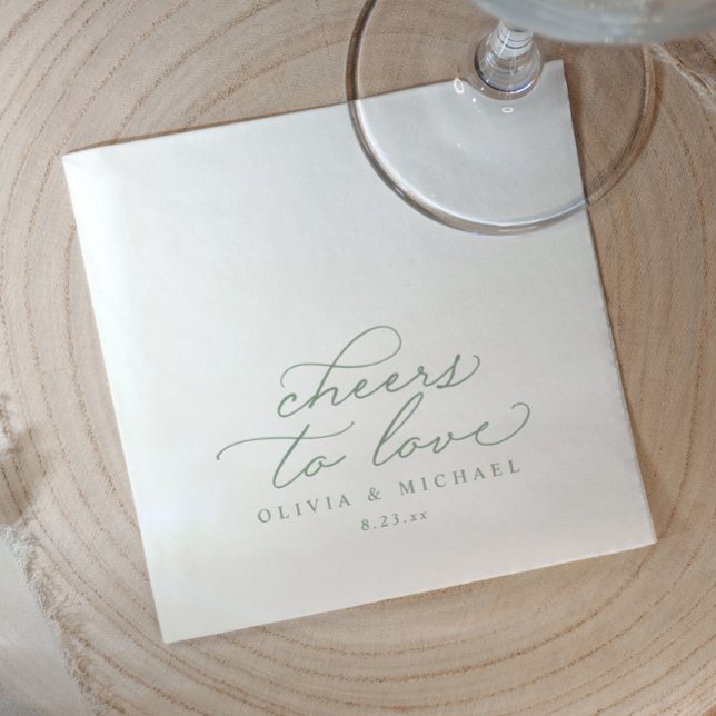 Servilleta De Papel Cheers Wedding Napkins Elegant Sage Green (Elegant sage green “cheers to love” wedding napkins with calligraphy script, modern reception décor.)