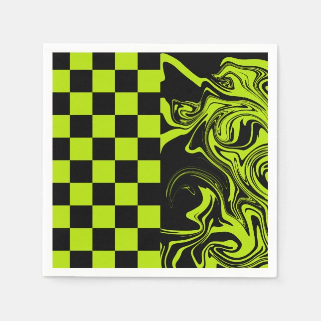 Servilleta De Papel Cheques y Swirls - Lime Green y Black (Anverso)