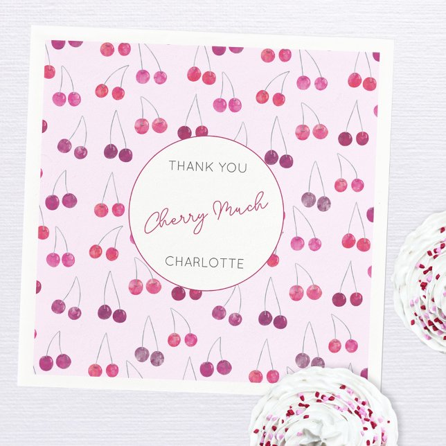 Servilleta De Papel Cherry Baby Shower Pink (Pretty watercolor cherry custom text party paper napkins)
