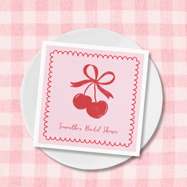 Servilleta De Papel Cherry Bow Pink & Red Hand Drawand Bridal Shower (Cherry Bow Pink & Red Hand Drawn Bridal Shower Napkins)