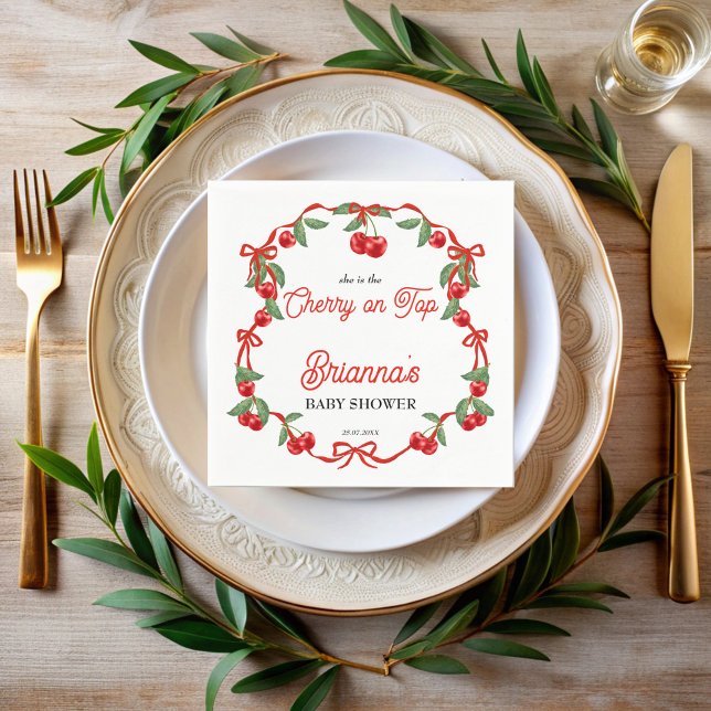 Servilleta De Papel Cherry en la parte superior de la cinta coqueta de (Cherry on top red ribbon coquette baby shower personalized napkins cherry baby shower table decor)