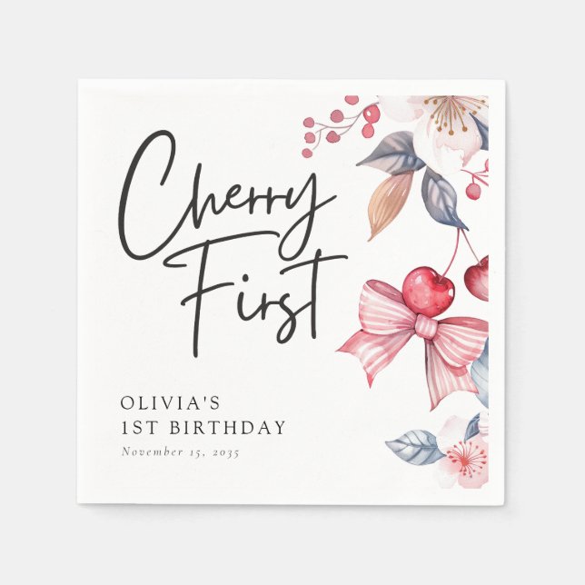 Servilleta De Papel Cherry First Pink Bow Coquette 1º cumpleaños (Anverso)