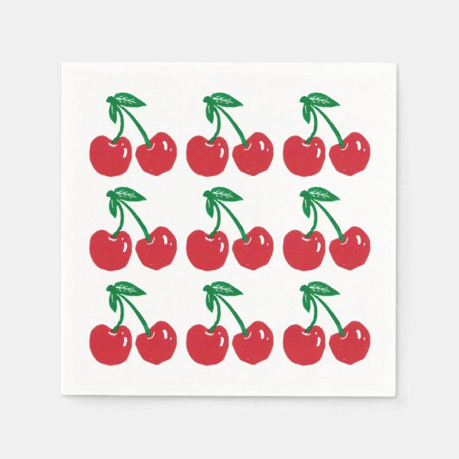 Servilleta De Papel Cherry Linocut Block Print Design Cocktail Napkins (Anverso)