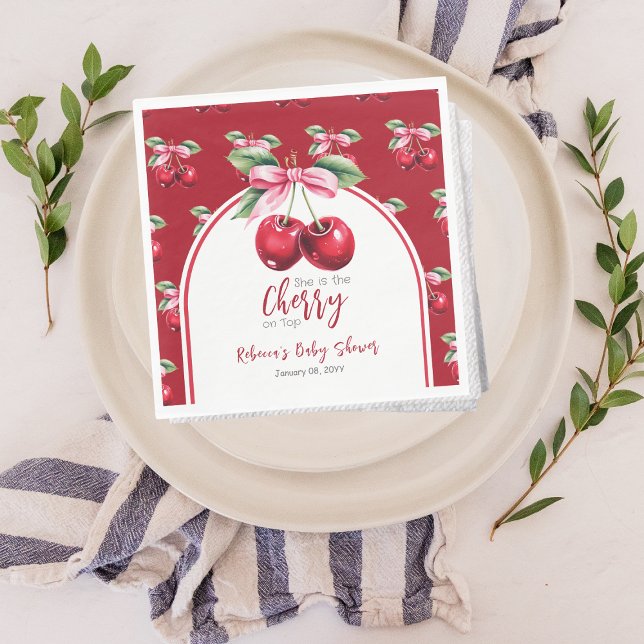 Servilleta De Papel Cherry Red Coquette Bow Chica Baby Shower (Subido por el creador)