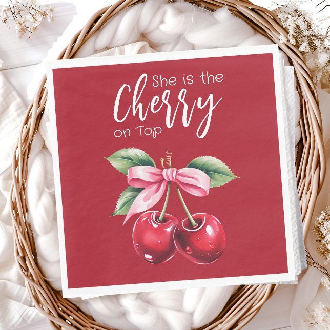 Servilleta De Papel Cherry rojo en la cima Coquette Bow rosa Baby Show (Subido por el creador)