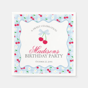 Servilleta De Papel Cherry Sweet Blue Coquette Bow Gingham Cumpleaños