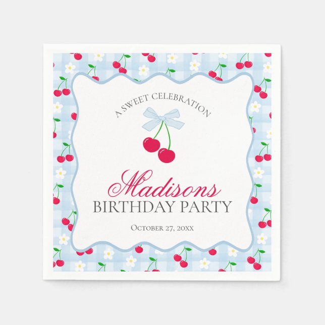 Servilleta De Papel Cherry Sweet Blue Coquette Bow Gingham Cumpleaños (Anverso)