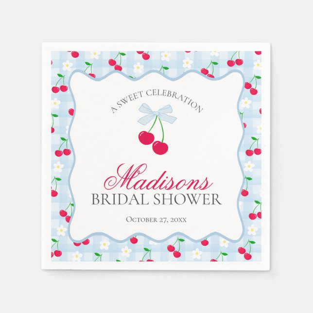 Servilleta De Papel Cherry Sweet Blue Coquette Gingham Bridal Shower (Anverso)