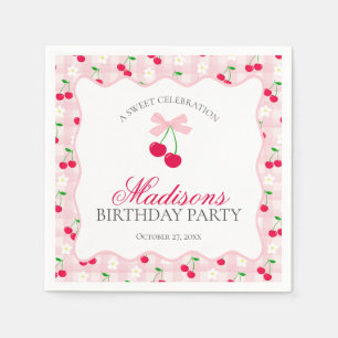 Servilleta De Papel Cherry Sweet Pink Coquette Bow Gingham Cumpleaños
