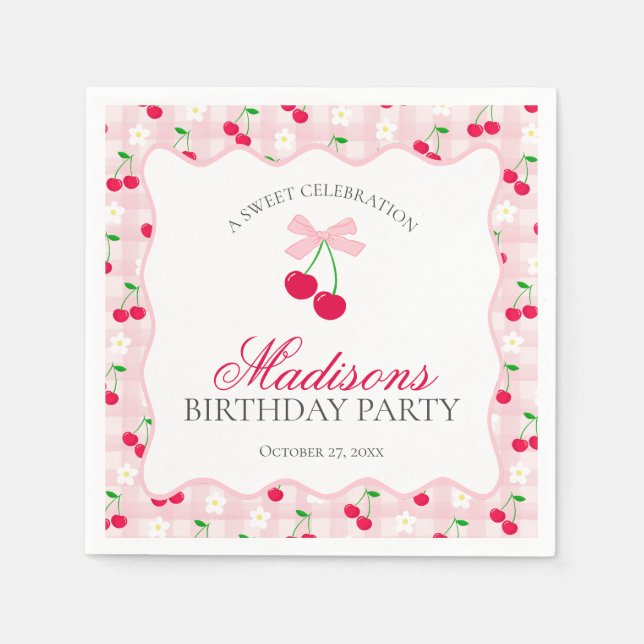 Servilleta De Papel Cherry Sweet Pink Coquette Bow Gingham Cumpleaños (Anverso)
