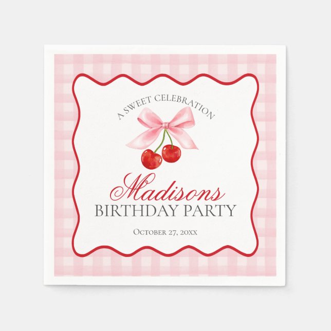Servilleta De Papel Cherry Sweet Pink Coquette Bow Gingham Cumpleaños (Anverso)