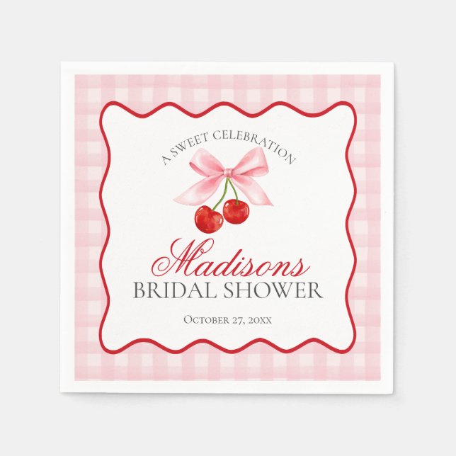 Servilleta De Papel Cherry Sweet Pink Coquette Gingham Bridal Shower (Anverso)