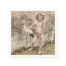 Cherub vintage con cigüeña por lago